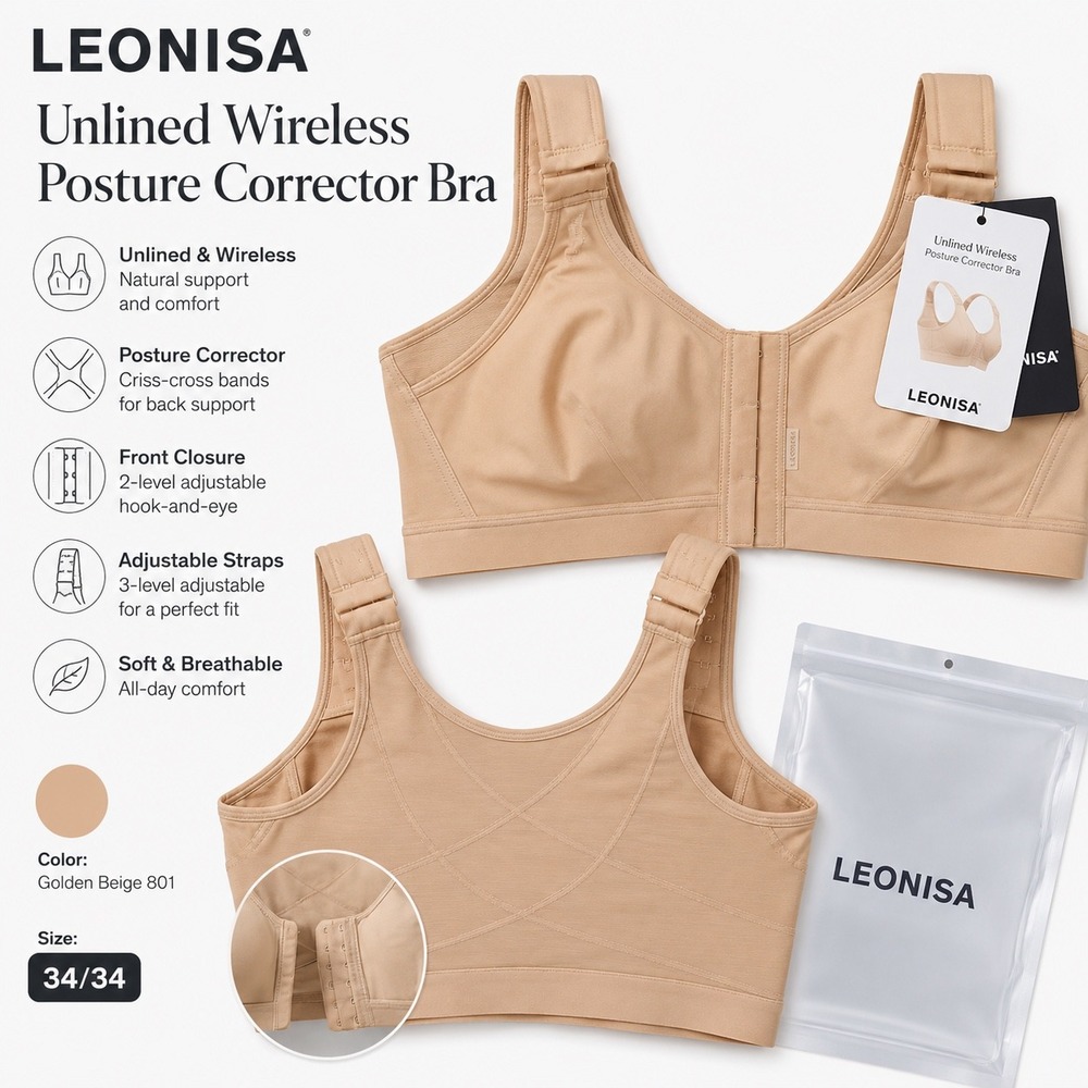 Leonisa Unlined Wireless Posture Corrector Bra‎ Front Closure NWT  34/34